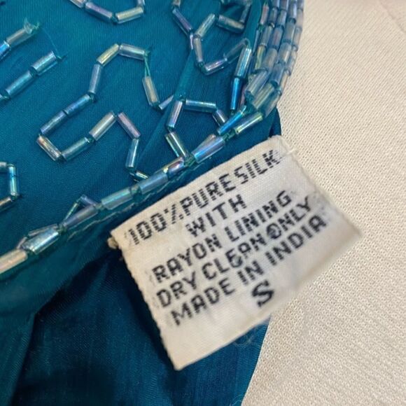 Vintage 100% Silk Peacock Teal Beaded Cocktail Dress - Picture 10 of 13